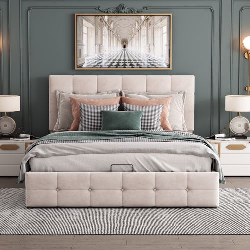 Lit Coffre 140x200 Cm Double Avec Tête Capitonnée Réglable, Sommier Métal à Lattes, Velours Blanc