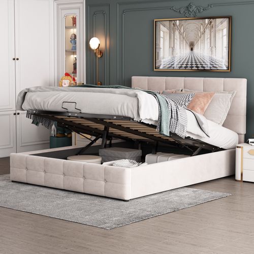 Lit Coffre 140x200 Cm Double Avec Tête Capitonnée Réglable, Sommier Métal à Lattes, Velours Blanc