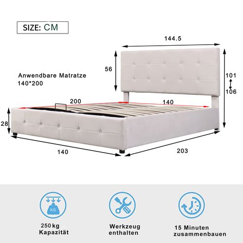 Lit Coffre 140x200 Cm Double Avec Tête Capitonnée Réglable, Sommier Métal à Lattes, Velours Blanc