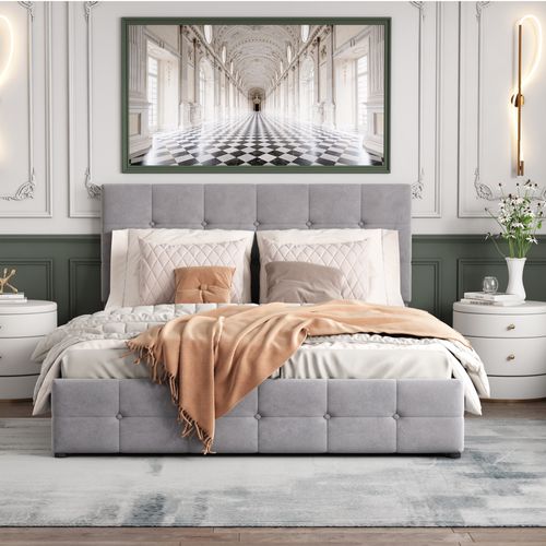 Lit Coffre 140x200 Cm Double Avec Tête Capitonnée Réglable, Sommier Métal à Lattes, Velours Gris