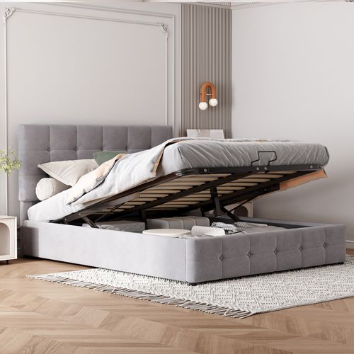 Lit Coffre 140x200 Cm Double Avec Tête Capitonnée Réglable, Sommier Métal à Lattes, Velours Gris