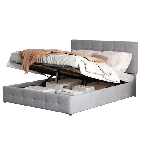 Lit Coffre 140x200 Cm Double Avec Tête Capitonnée Réglable, Sommier Métal à Lattes, Velours Gris