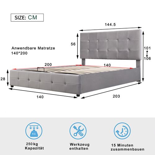 Lit Coffre 140x200 Cm Double Avec Tête Capitonnée Réglable, Sommier Métal à Lattes, Velours Gris