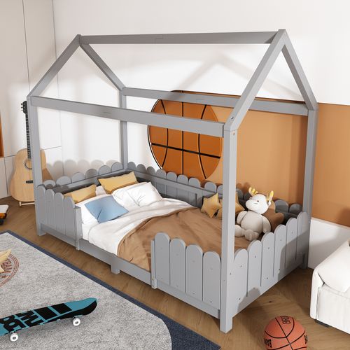 Lit Enfant 90x200 Cm - Lit Cabane Avec Clôtures Et Sommier Inclus, Structure En Bois De Pin, Gris