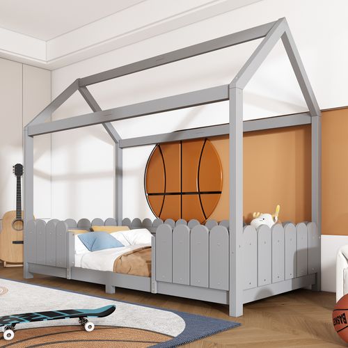 Lit Enfant 90x200 Cm - Lit Cabane Avec Clôtures Et Sommier Inclus, Structure En Bois De Pin, Gris