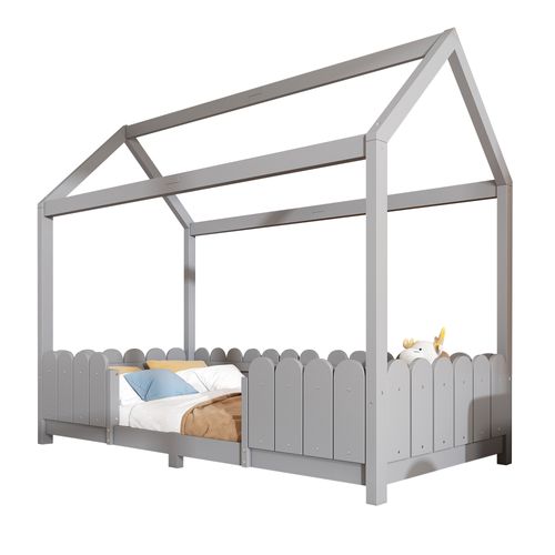 Lit Enfant 90x200 Cm - Lit Cabane Avec Clôtures Et Sommier Inclus, Structure En Bois De Pin, Gris