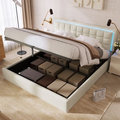 Lit Double Coffre 180x200 Cm, Lit Capitonné Avec LED, Structure En Simili - Blanc