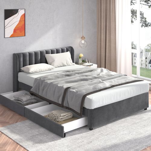 Lit Avec Rangements 140x200, Lit Double Capitonné Avec 2 Tiroirs, Velours Gris