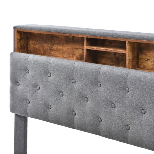 Lit Déco 140 X 200 Cm - Lit Double Capitonné Avec Tête De Lit Coffre - Bois Massif Et Lin - Gris