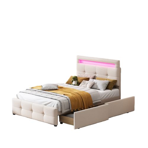 Lit Enfant 90x200 Cm Avec 2 Tiroirs, Éclairage LED Et Rangement, Confortable, Lin Beige
