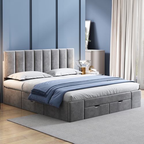 Lit Avec Rangement 160x200 Cm - Lit Double Capitonné Avec 4 Tiroirs - Velours - Gris