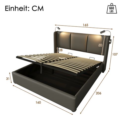 Lit Coffre 160 X 200 Cm - Lit Double Avec Lampe De Lecture Et Charge USB - Bois Massif Et Pu - Gris