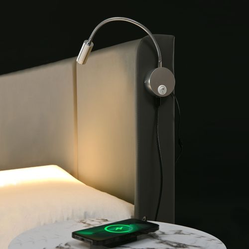 Lit Coffre 160 X 200 Cm - Lit Double Avec Lampe De Lecture Et Charge USB - Bois Massif Et Pu - Gris