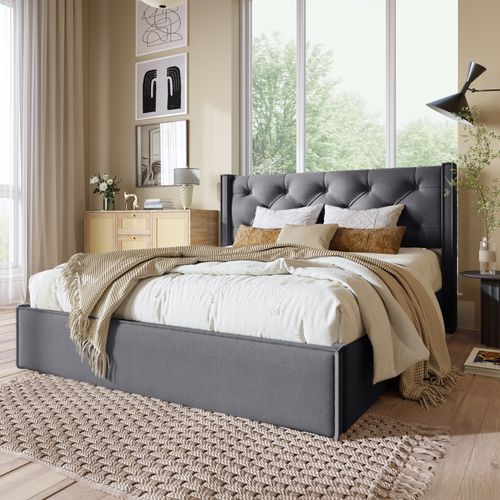 Lit Coffre Double Capitonné 160x200 Cm – Tête De Lit, Sommier à Lattes Métal, Bois Massif, Gris