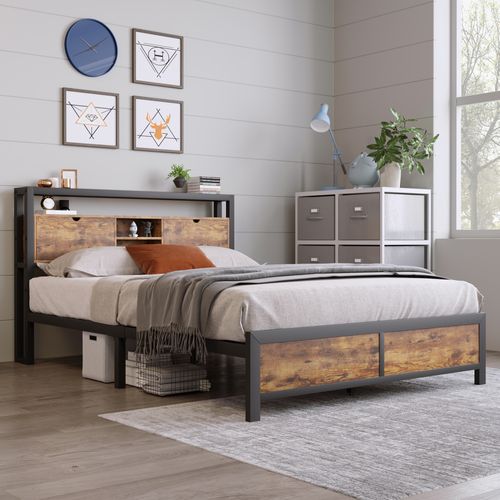 Lit Avec Rangement 140x200 Cm - Lit Double Métal Avec Tête De Lit Et Sommier à Lattes - Noir