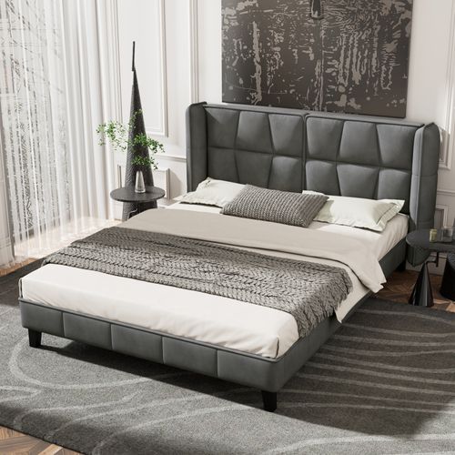 Lit Double Ado 140x200 cm - Tête De Lit Et Sommier Robuste, Contemporain En Velours, Gris