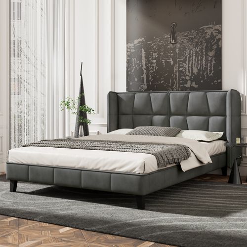 Lit Double Ado 140x200 cm - Tête De Lit Et Sommier Robuste, Contemporain En Velours, Gris