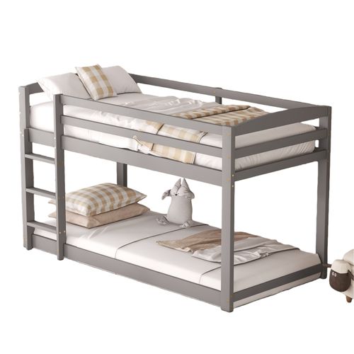 Lit Superposé 90 X 200 Cm - Cadre De Lit Simple Avec 15 Lattes - Pin + Mdf - Gris