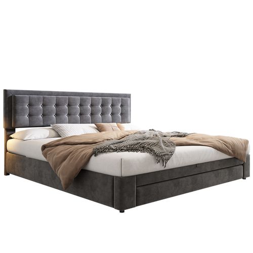 Lit Coffre 180x200 Cm – Coffre Hydraulique Avec Tiroir Et Sommier à Lattes, Velours, Gris