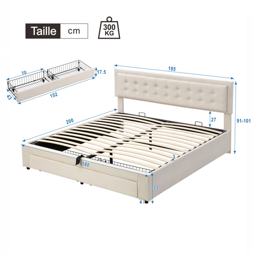 Lit Coffre 180x200 Cm – Coffre Hydraulique Avec Tiroir Et Sommier à Lattes, Velours, Beige