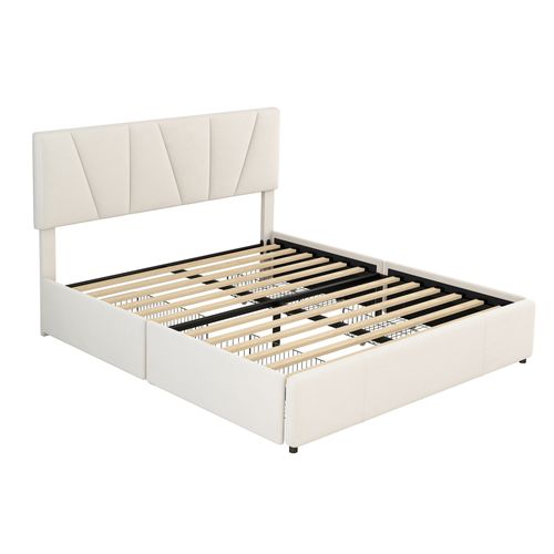 Lit Rangement 140x200 Cm, Rembourré, Tête De Lit Réglable, 4 Tiroirs, Pin + Mdf + Velours, Beige