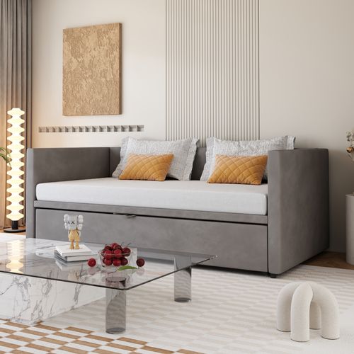 Lit Gigogne 90/180x200 Cm - Lit Multifonction Avec Sommier à Lattes, Velours Doux - Gris Foncé