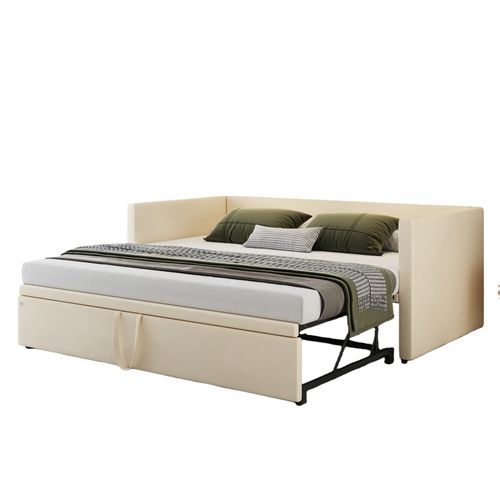 Lit Gigogne 90/180x200 Cm Multifonction, Sommier à Lattes, Convertible Chambre, Velours Beige