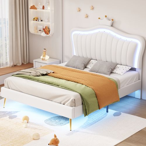Lit Enfant 140x200 Cm - Lit Double Capitonné Avec LED, Cadre Simili Cuir En Forme Couronne, Blanc