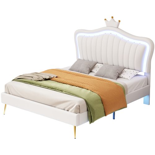 Lit Enfant 140x200 Cm - Lit Double Capitonné Avec LED, Cadre Simili Cuir En Forme Couronne, Blanc
