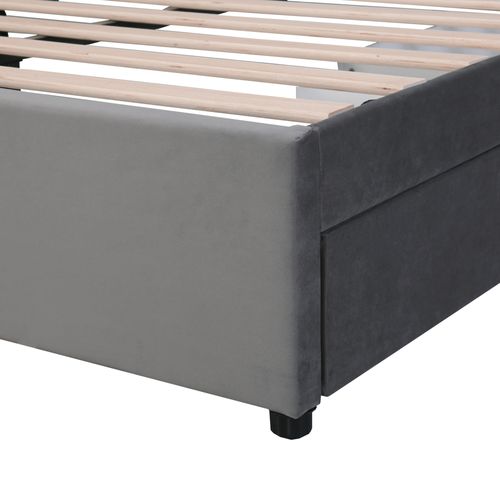 Lit Avec Rangements 160x200, Lit Double Capitonné En Velours Gris Avec 2 Tiroirs