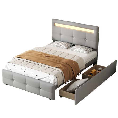Lit Enfant 90x200 Cm Avec 2 Tiroirs, Éclairage LED Et Rangement, Confortable, Lin Gris