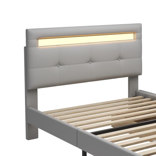 Lit Enfant 90x200 Cm Avec 2 Tiroirs, Éclairage LED Et Rangement, Confortable, Lin Gris