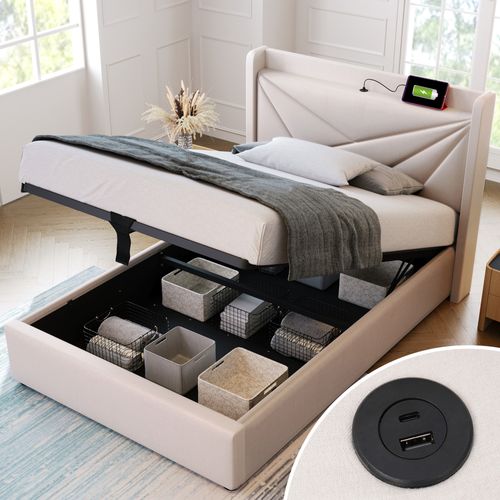 Lit Coffre 90 X 200 Cm - Lit Simple Capitonné Avec Fonction De Charge USB - Coton Et Métal - Beige