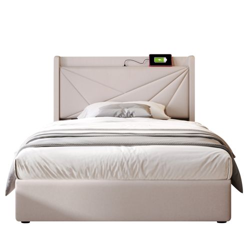 Lit Coffre 90 X 200 Cm - Lit Simple Capitonné Avec Fonction De Charge USB - Coton Et Métal - Beige