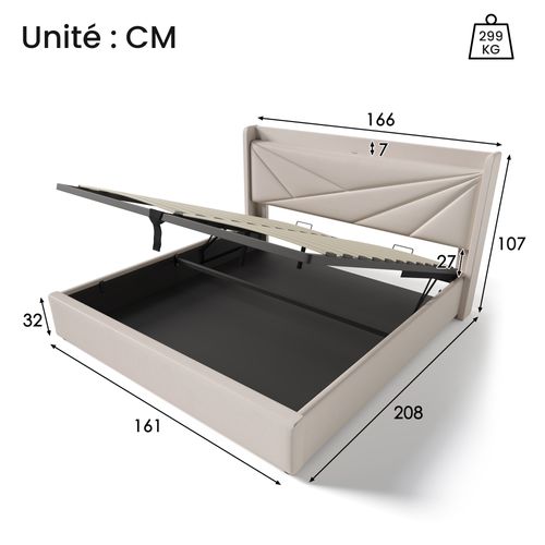 Lit Coffre 160x200 Cm, Double Capitonné, Sommier à Lattes, USB Type-c, Métal, Beige