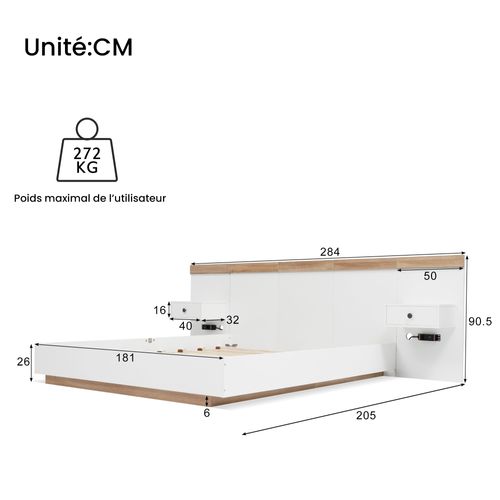 Lit Double 180x200 Cm - Lit En Bois Avec 2 Tables De Chevet Et USB - Bois - Naturel