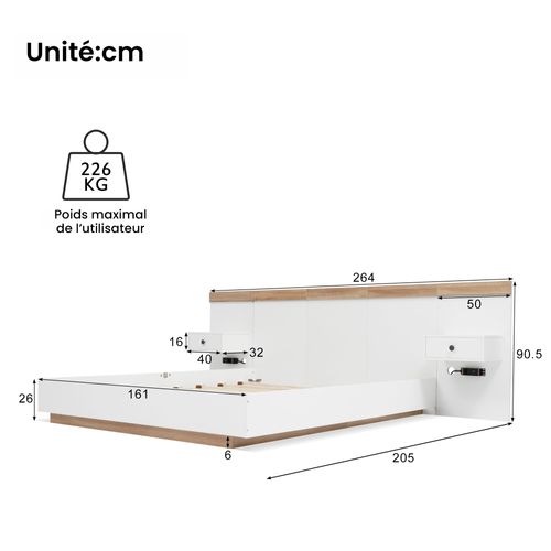 Lit Double 160x200 Cm - Lit En Bois Avec 2 Tables De Chevet Et USB - Bois - Naturel
