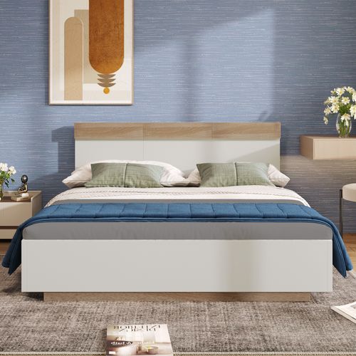 Lit Double 160x200 Cm - Lit Adulte Flottant En Bois Massif Avec Sommier à Lattes - Naturel