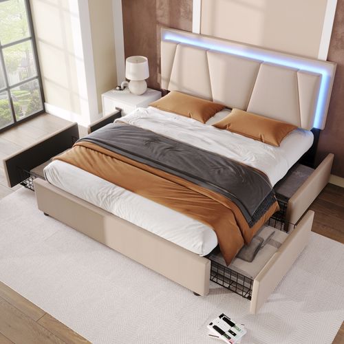Lit Double 140×200 Cm Capitonné Avec LED, Tiroirs, Tête Réglable Et Rangement, Lin Beige