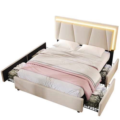 Lit Double 140×200 Cm Capitonné Avec LED, Tiroirs, Tête Réglable Et Rangement, Lin Beige