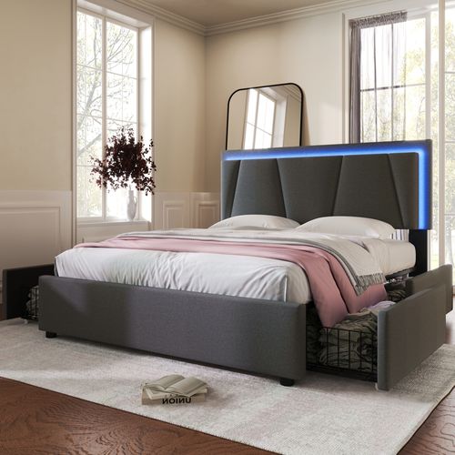 Lit Double 140×200 Cm Capitonné Avec LED, 4 Tiroirs, Tête Réglable Et Rangement, Gris