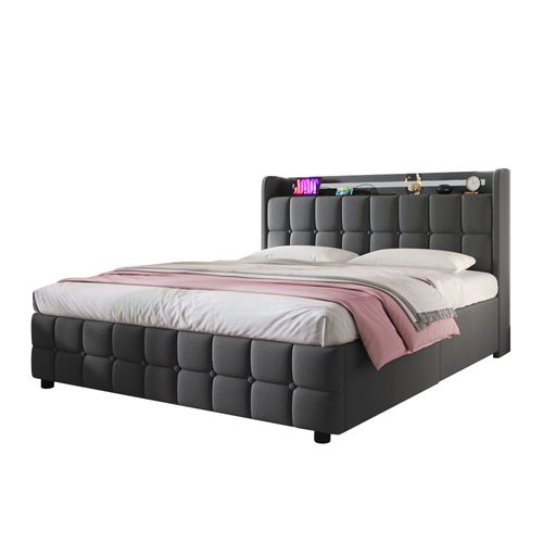 Lit Avec Rangement 180 X 200 Cm - Lit Double Avec Ports USB Et LED - Lin Bois Métal - Gris