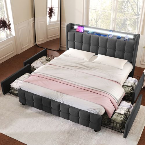 Lit Avec Rangement 160 X 200 Cm - Lit Double Avec Ports USB Et LED - Lin Bois Métal - Gris