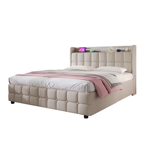 Lit Avec Rangement 140 X 200 Cm - Lit Double Avec 4 Tiroirs Et LED - Lin Bois Métal - Beige