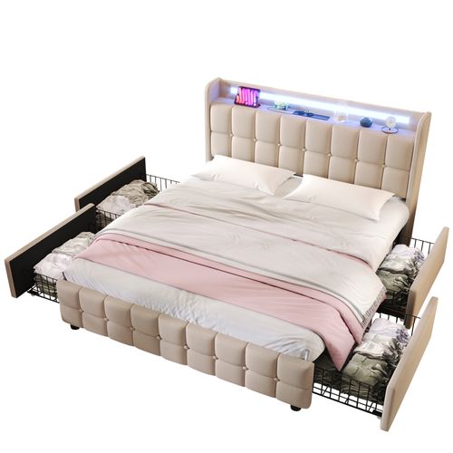 Lit Avec Rangement 140 X 200 Cm - Lit Double Avec 4 Tiroirs Et LED - Lin Bois Métal - Beige