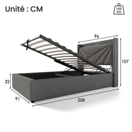 Lit Coffre 90x200 Cm - Lit Simple Avec Fonction USB - Coton Bois Métal - Gris