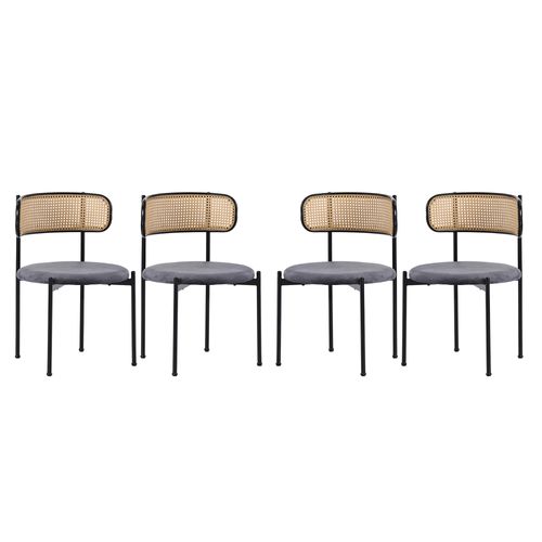 Chaises Lot De 4 Salle à Manger, Dossier En Rotin, Pieds Métal, Confort Moderne, Velours Gris