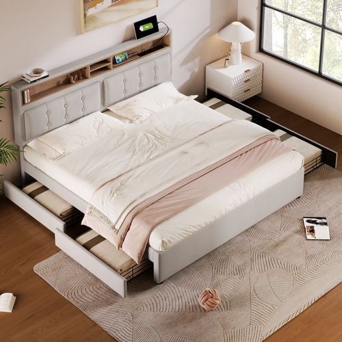 Lit Double 140 X 200 Cm - Rangement, 4 Tiroirs, Tête De Lit, Prise USB-c, Lin, Bois - Beige