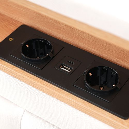 Lit Double 140 X 200 Cm - Rangement, 4 Tiroirs, Tête De Lit, Prise USB-c, Lin, Bois - Beige