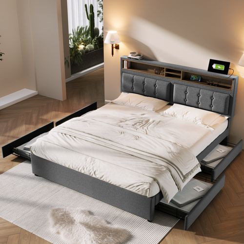 Lit Double 140 X 200 Cm - Rangement, 4 Tiroirs, Tête De Lit, Prise USB-c - Lin, Bois Massif - Gris